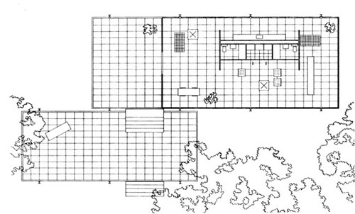 План первого этажа Фарнсуорт Хауз (The Farnsworth House) выполненный вручную Мис ван дер Роэ