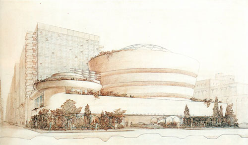 Рисунок Музея Гуггенхайма выполненный вручную  Фрэнком Ллойд Райтом