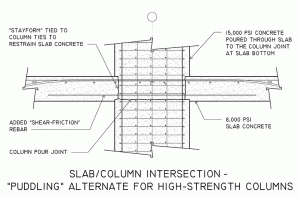 С помощью специальной несъемной опалубки (stayform) бетон перекрытия заводится в колонну всего на несколько дюймов и таким образом создается проем для высокопрочного бетона.